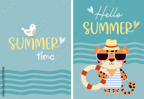 Hello summer. Set Postcard with cute tiger in sunglasses, hat, beachwear and life buoy with seagull. Vector illustration. Greeting card with text - summer time. For design, printing and decoration 