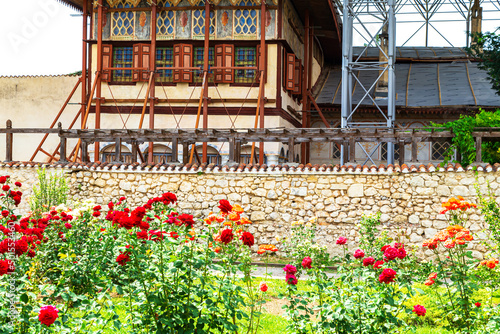 Khan's Palace and a blooming rose garden in Bakhchisarai. photo