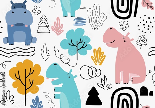 hand drawn seamless pattern with cute hippos