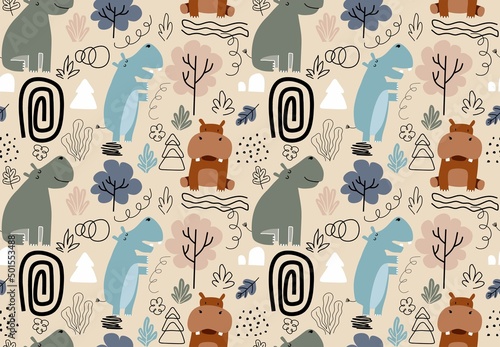 hand drawn seamless pattern with cute hippos