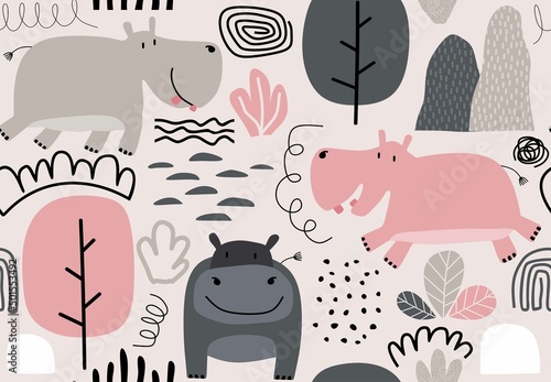 hand drawn seamless pattern with cute hippos