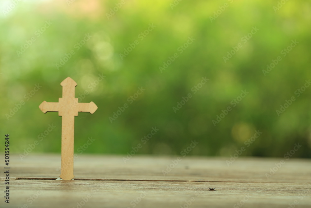 Wooden Christ cross and fresh pile of garlics on dark background. Christcross and garlic are believed that can protect from ghost and bad spirit. Christianity belief with peaceful belong to Jesus.