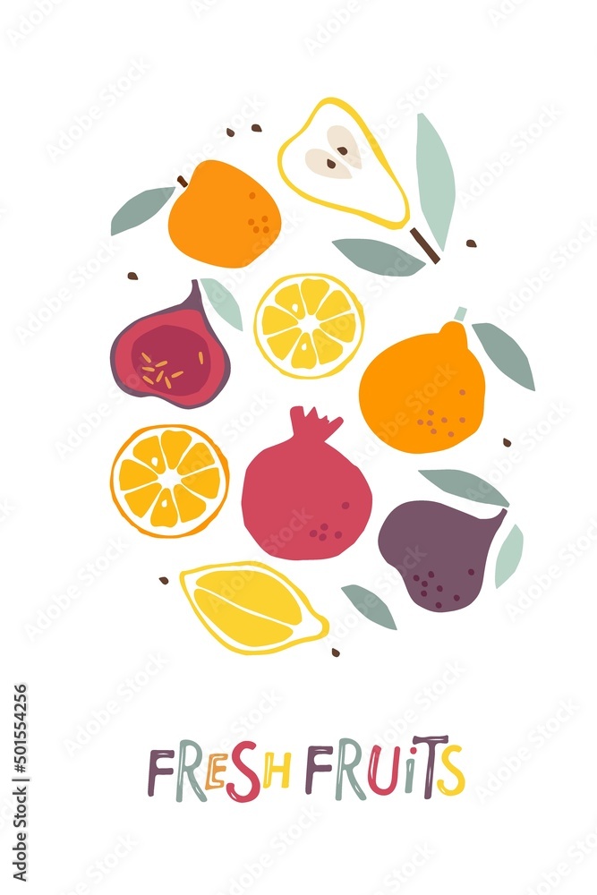 Fruit set with Fresh Fruits inscription. Seasonal fruits collection. Lemon, Pear, fig, pomegranate, apple, apricot. Summer tropical template for poster, banner. Hand drawn lettering fruits card