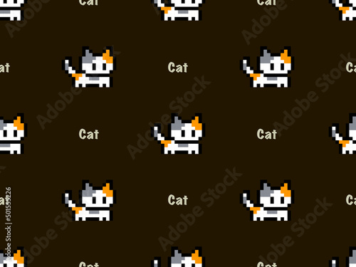 Cat cartoon character seamless pattern on black background.