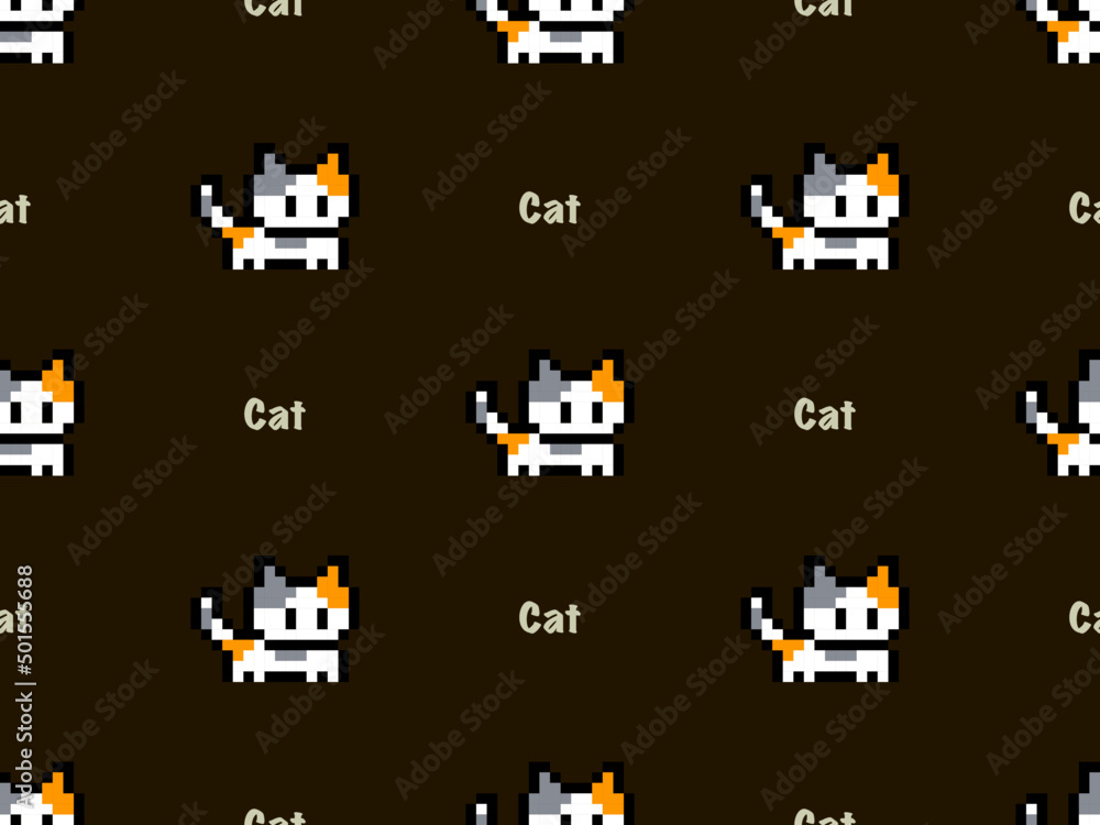 Cat cartoon character seamless pattern on black background.