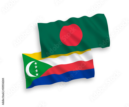 National vector fabric wave flags of Union of the Comoros and Bangladesh isolated on white background. 1 to 2 proportion.