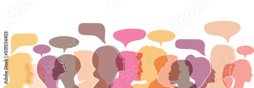 Man and woman head silhouettes with colorful speech bubbles