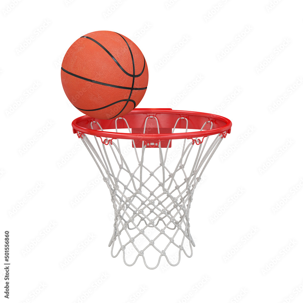 Red basketball rim with a ball side view on a white background, 3d render