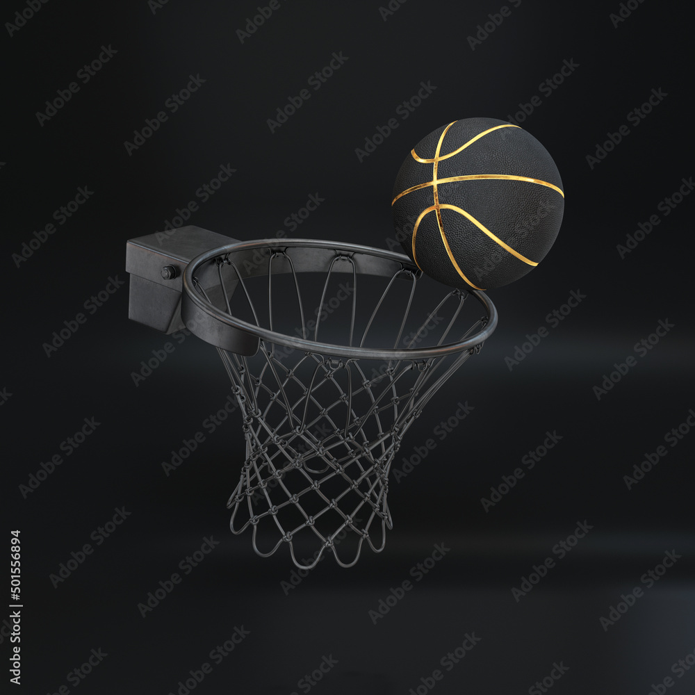 Black basketball rim with a ball floating on a black background, 3d render