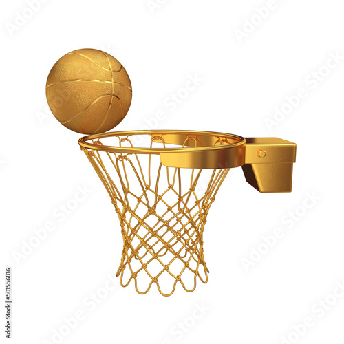 Gold basketball rim with a ball on a white background, 3d render