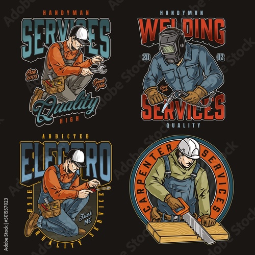 Servicemen colorful labels set with lettering