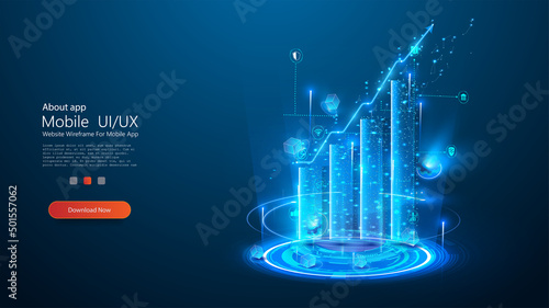 3d growth diagram in blue. The concept of business, finance, analytics. Digital vector monochrome graph on the background of a hologram or projection. Template, layout for your business. Vector
