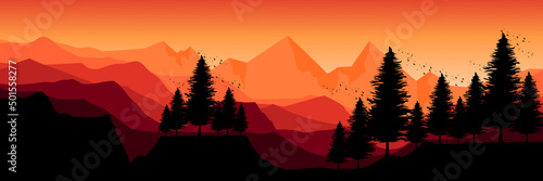 Stampa su tela silhouette of tree with mountain landscape flat design vector illustration good