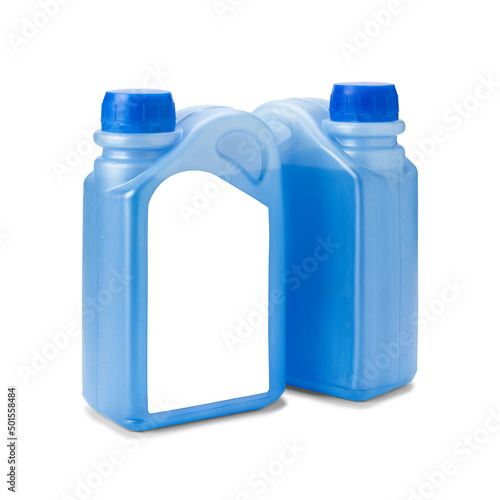Plastic bottles with blue antifreeze or coolant water with white blank label isolated on white background. Canisters of non-freezing liquid, mock up, copy space. photo