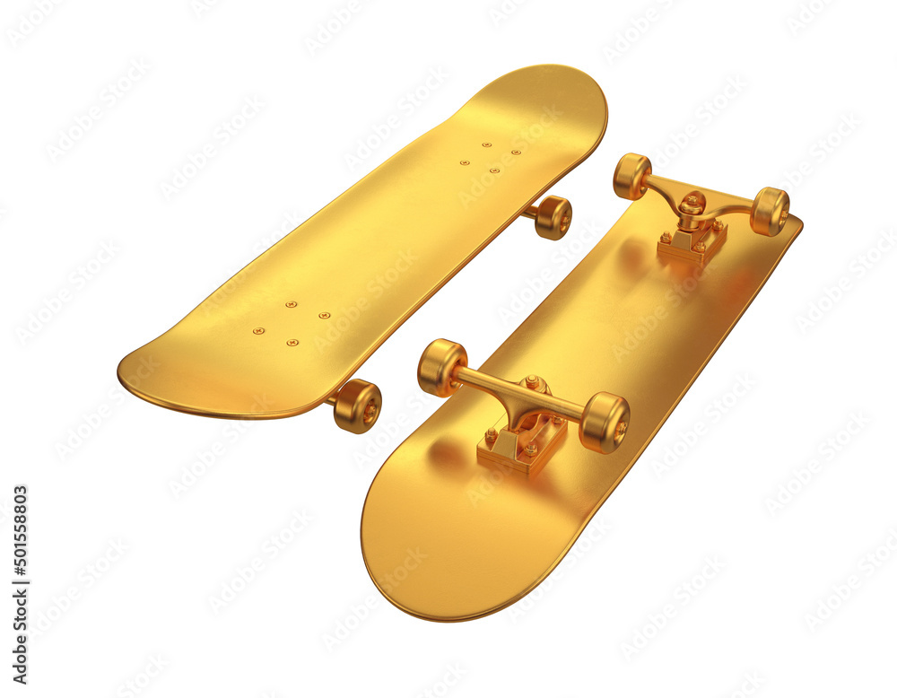 Set of skateboards bottom and top view gold on white background, 3d render