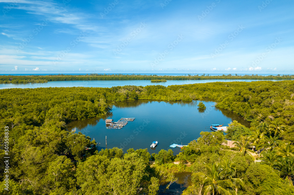 Aerial view of the fishing houses at mangrove forest