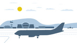Airport and airplanes on the airfield. Vector illustration.