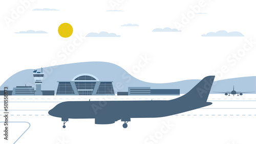 Airport and airplanes on the airfield. Vector illustration.