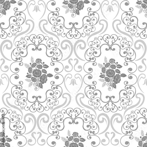 Seamless pattern, vector. Luxury Damask style grey pattern, floral and swirl pattern, white background.