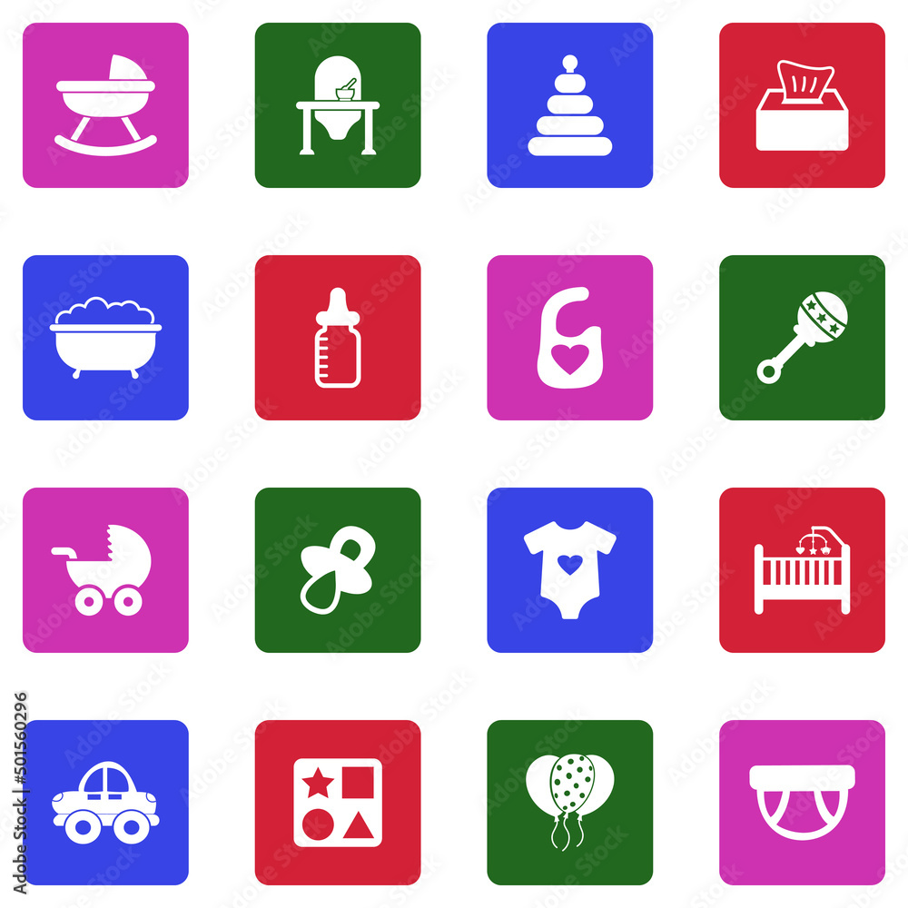 Fototapeta premium Baby Stuff Icons. White Flat Design In Square. Vector Illustration.