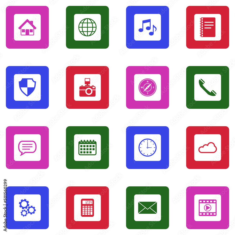 Home Screen Application Icons. White Flat Design In Square. Vector Illustration. Home Screen Application Icons. White Flat Design In Square. Vector Illustration.