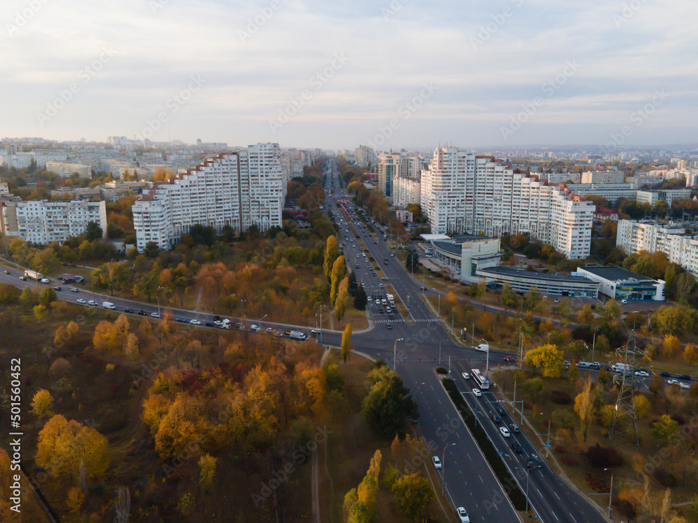 City gates of Chisinau, the capital city of Republic of Moldova. Panoramic view from a drone in a autumn day.