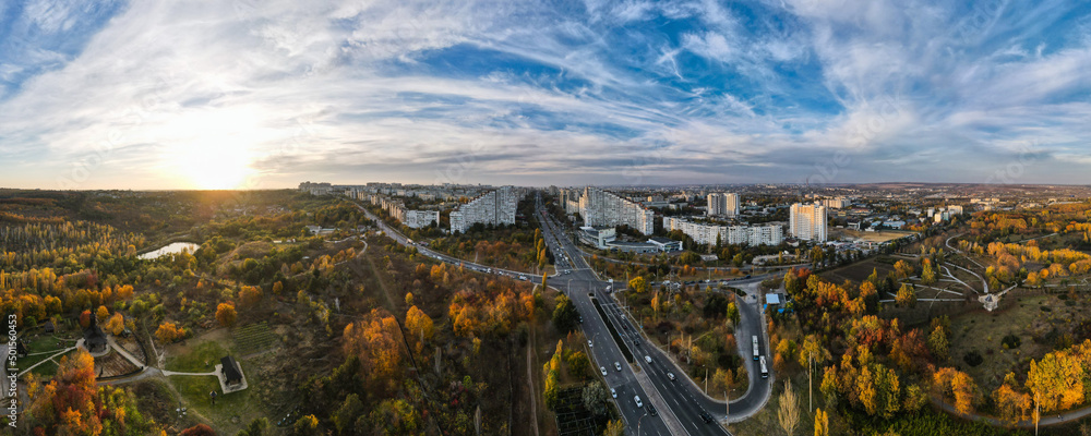 Obraz na płótnie Panoramic view of the City Gates of Chisinau, capital of Moldova. Beautiful city of Chisinau with buildings and parks from a height. Drone photography. w salonie