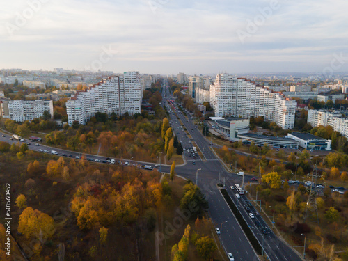 City gates of Chisinau, the capital city of Republic of Moldova. Panoramic view from a drone in a autumn day.