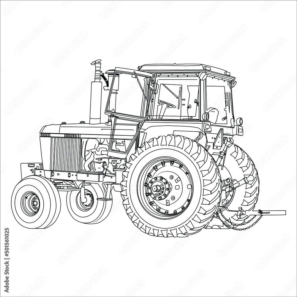 Big tractor. Line art style vector illustration of a tractor isolated. Heavy agricultural machinery for fieldwork tractor vector line art