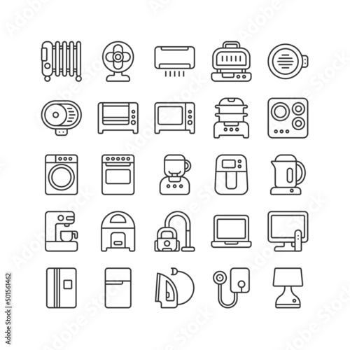 Electric household appliance vector icon set. Home machine and kitchen equipment, air fryer, oven, grill, stove, steamer pot. Sign symbol illustration in outline, editable stroke, pixel perfect 64x64.