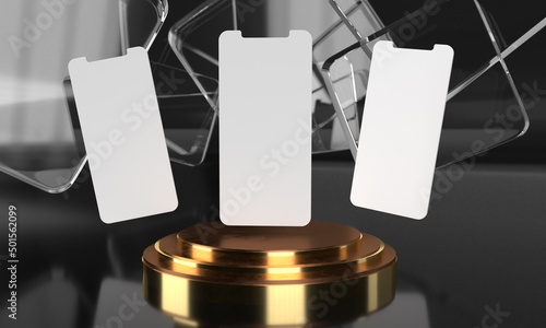 Smartphone screen mockup above triple golden cylinder pedestal with black background product presentation stage display by 3d rendering photo