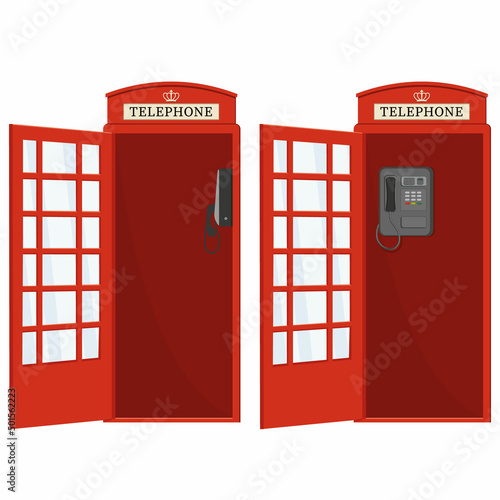 Red telephone booth with open door, color vector isolated cartoon-style illustration