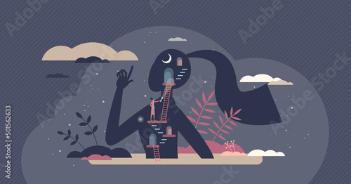 Mental self discovery and inner personality explore tiny person concept. Personal emotions and feelings psychological research with therapy session vector illustration. Woman searching for identity.