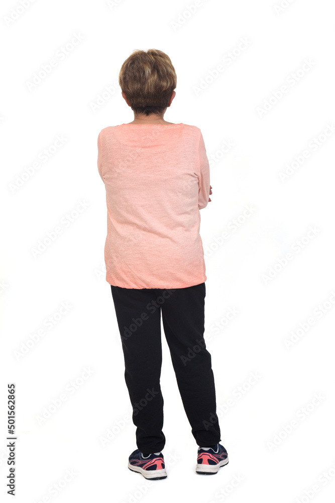 rear view o f a full portrait of senior woman arms crossed and sportswear on white background rear view o f a full portrait of senior woman arms crossed and sportswear on white background