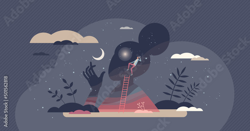 Consciousness, awareness and mental self mindfulness tiny person concept. Psychological personal relaxation and mind exploring with thoughts and emotions understanding vector illustration. Soul care.