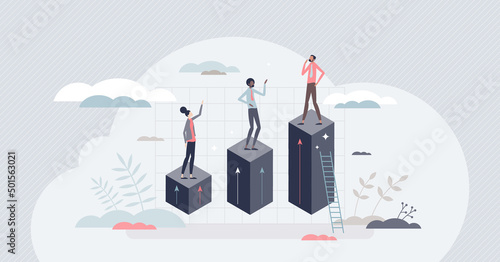 Growing competence and professional skill or ability improvement tiny person concept. Career development and potential growth vector illustration. Increased efficiency and personal work ambitions.