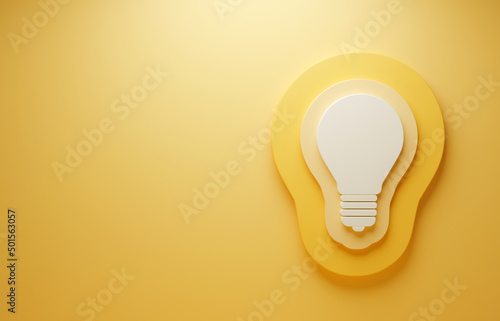 Light bulb as a symbol of the idea on  yellow background. Copy space for text. 3d render