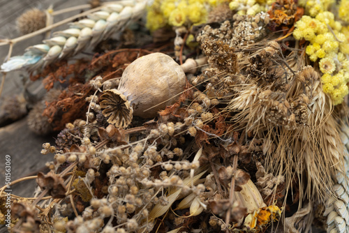 Bouquet of dried herbs and dried flowers, poppy and ears of wheat