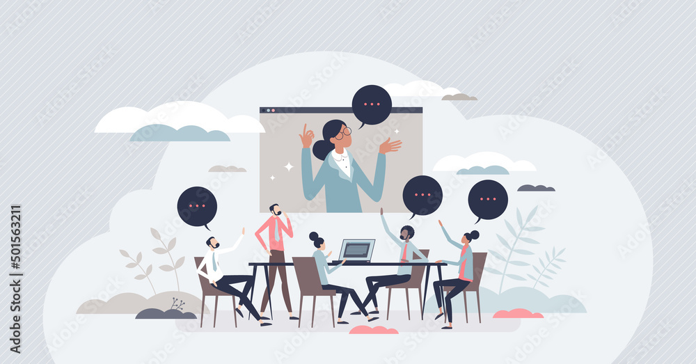 Business conference room with audience and speaker talk tiny person concept. Auditorium lecture with distant seminar using video call screen vector illustration. Presentation and team training meeting