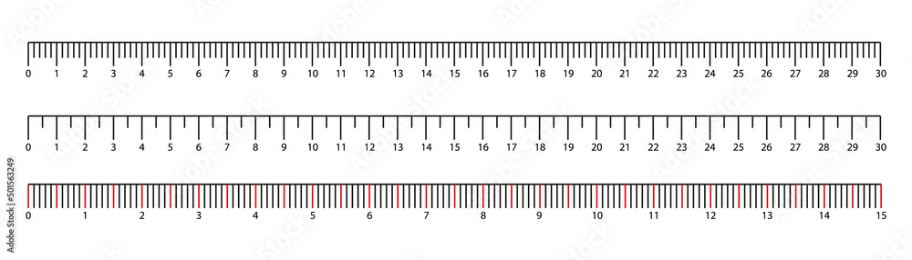 Set of ruler scale 30 cm. Centimeter, millimeter, inch and metric rulers. Marking for ruler, measure on scale of centimeter, millimeter and inches, marks for tape measure. Vector illustration Set of ruler scale 30 cm. Centimeter, millimeter, inch and metric rulers. Marking for ruler, measure on scale of centimeter, millimeter and inches, marks for tape measure. Vector illustration