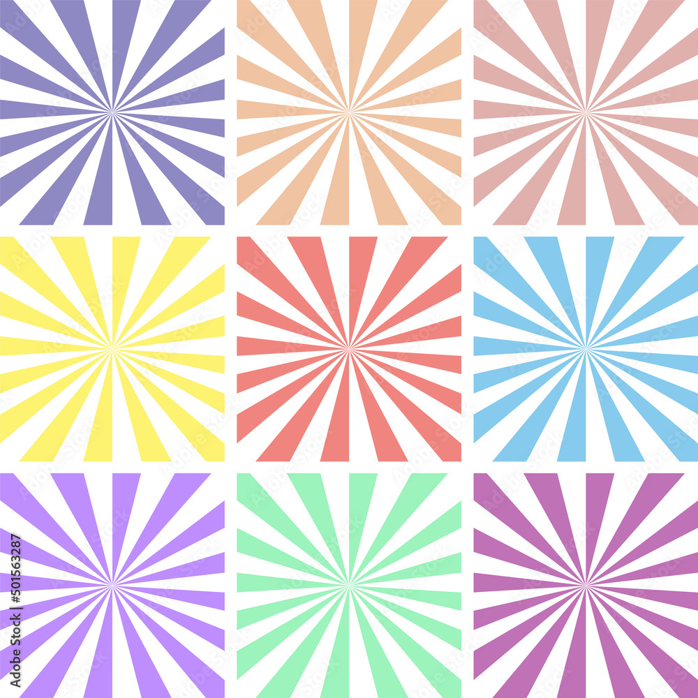 Set of white backgrounds with color sun rays. Abstract summer sun shine. Flat vector illustration