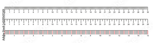 Set of ruler scale 30 cm. Centimeter, millimeter, inch and metric rulers. Marking for ruler, measure on scale of centimeter, millimeter and inches, marks for tape measure. Vector illustration