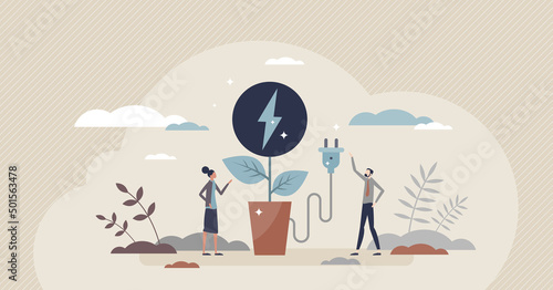 Biomass energy and green electricity power generation tiny person concept. Environmental friendly, renewable and fossil free source for sustainable and ecological nature resource vector illustration.