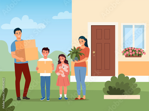 New house for family. Happy  family with boxes. Moving House. Vector illustration