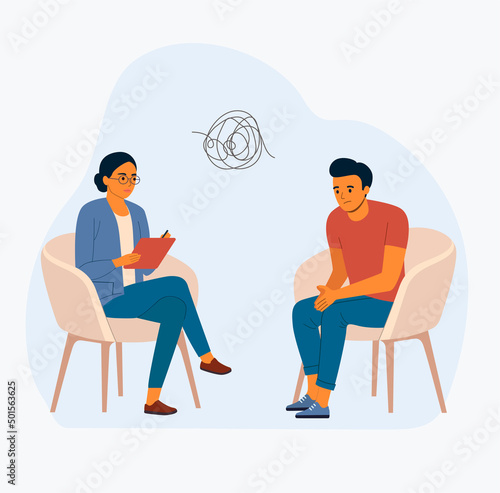 Sad man talking with psychologist on the chairs. Vector flat style illustration