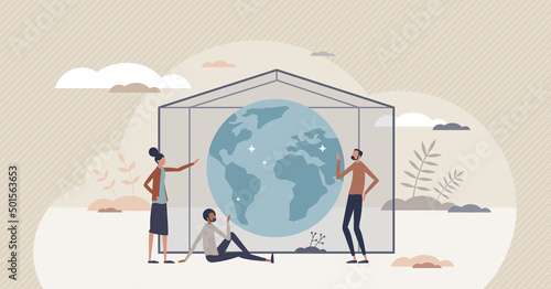 Greenhouse effect as earth gases trap in atmosphere tiny person concept. Nature climate changes and global warming from carbon dioxide emissions vector illustration. Environmental CO2 air damage.