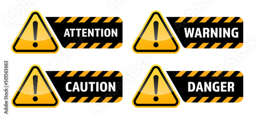 Warning vector signs. Attention sign, warning sign, caution sign, danger sign. Exclamation mark. photo