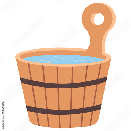 Wooden hot tub vector design illustration isolated on white background. Wooden bucket with water. Bath and sauna accessories