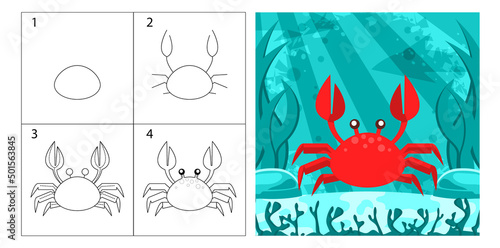Step by step instructions for drawing a crab. Tutorial on creating a simple flat illustration. How to draw a sea animal. A picture of a crab under water. Drawing lesson. Coloring book, sheets. 


