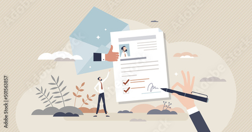 Recommendation letter and CV reference for job interview tiny person concept. Human resources vacancy candidate document with experience review and qualification text feedback vector illustration.